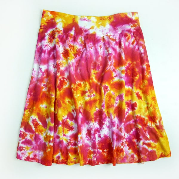 Ladies Tie Dye Skirt, A Line Knee Length, Cotton Jersey Knit, Pink Sunshine Marble Design