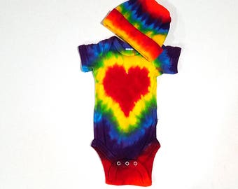 Tie Dye Baby Outfit, Red Heart, Short Sleeve One Piece and Matching Hat Set, Bold Rainbow Colors