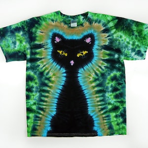 Cat Tie Dye Shirt, Adult and Plus Sizes, Short or Long Sleeves, Black Cat with Green Background