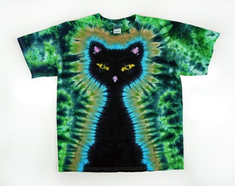 Cat Tie Dye Shirt, Adult and Plus Sizes, Short or Long Sleeves, Black Cat with Green Background