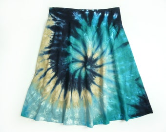 Ladies Tie Dye Skirt, A Line Womens Cotton Jersey Skirt, Earthy Spiral Design