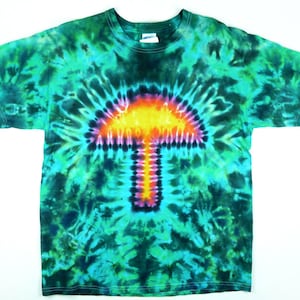 Mushroom Tie Dye T Shirt, Men&#39;s Sizing, Short or Long Sleeves, Rainbow with Green Design