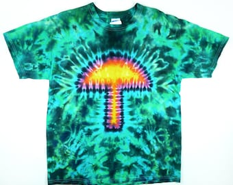 Mushroom Tie Dye T Shirt, Men's Sizing, Short or Long Sleeves, Rainbow with Green Design