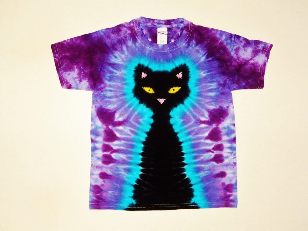Kids Black Cat Tie Dye Shirt With Purple Background, Short or Long