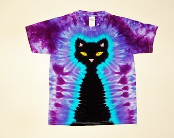 Kids Black Cat Tie Dye Shirt with Purple Background, Short or Long Sleeves