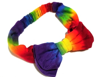 Baby / Toddler Classic Rainbow Tie Dye Hair Band with Bow, Primary Rainbow Colors, Headband with covered elastic