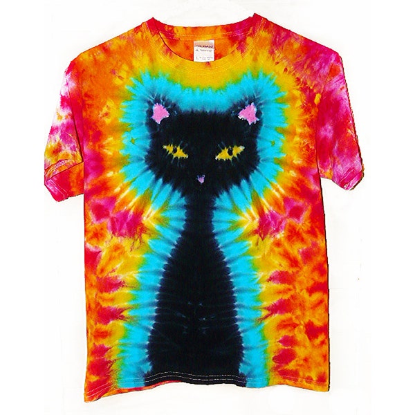 Kids Cat Tie Dye Shirt, Black Cat with Pink, Orange & Yellow Background, Soft Ring Spun Cotton, Short or Long Sleeves