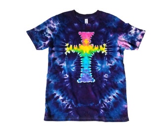 Adult Cross Tie Dye Shirt, Super Soft Tee with Rainbow Design, Short or Long Sleeves, Easter Spiritual / Religion Theme