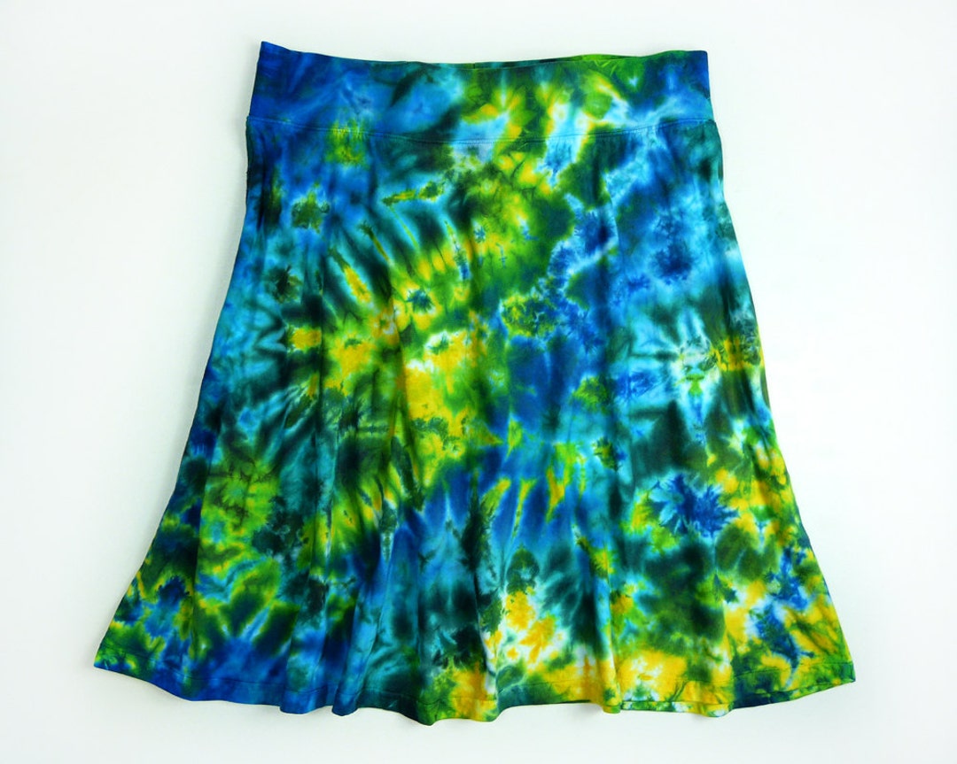 Ladies Tie Dye Skirt, A Line Knee Length, Blue Yellow Green Marble ...