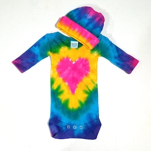 Baby Tie Dye Matching Set, Long Sleeve One Piece and Cap, Tie Dye Heart Design