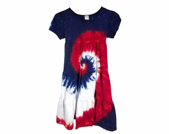 Girls Tie Dye Dress / Short Sleeve Tiered Ruffle Dress / Red White and Blue Swirl / 4th of July, Memorial Day, Independence Day
