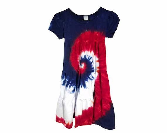 Toddler and Girls Tie Dye Dress / Short Sleeve Tiered Ruffle Dress / Red White and Blue Swirl / 4th of July, Memorial Day, Independence Day