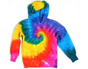 Kids Tie Dye Hoodie, Pullover Hooded Sweatshirt, Pink Rainbow Spiral Design, Youth Sizes 8, 10, 12