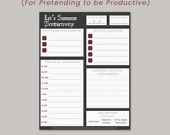 Gotycki, drukowany planer dzienny | Przywołajmy produktywność | Czarny humor – natychmiastowe pobranie pliku PDF