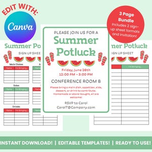 May include: A set of three printable templates for a summer potluck, with watermelon slices and flip-flops. Includes sign-up sheets and an invitation. The templates are editable with Canva and ready to use.