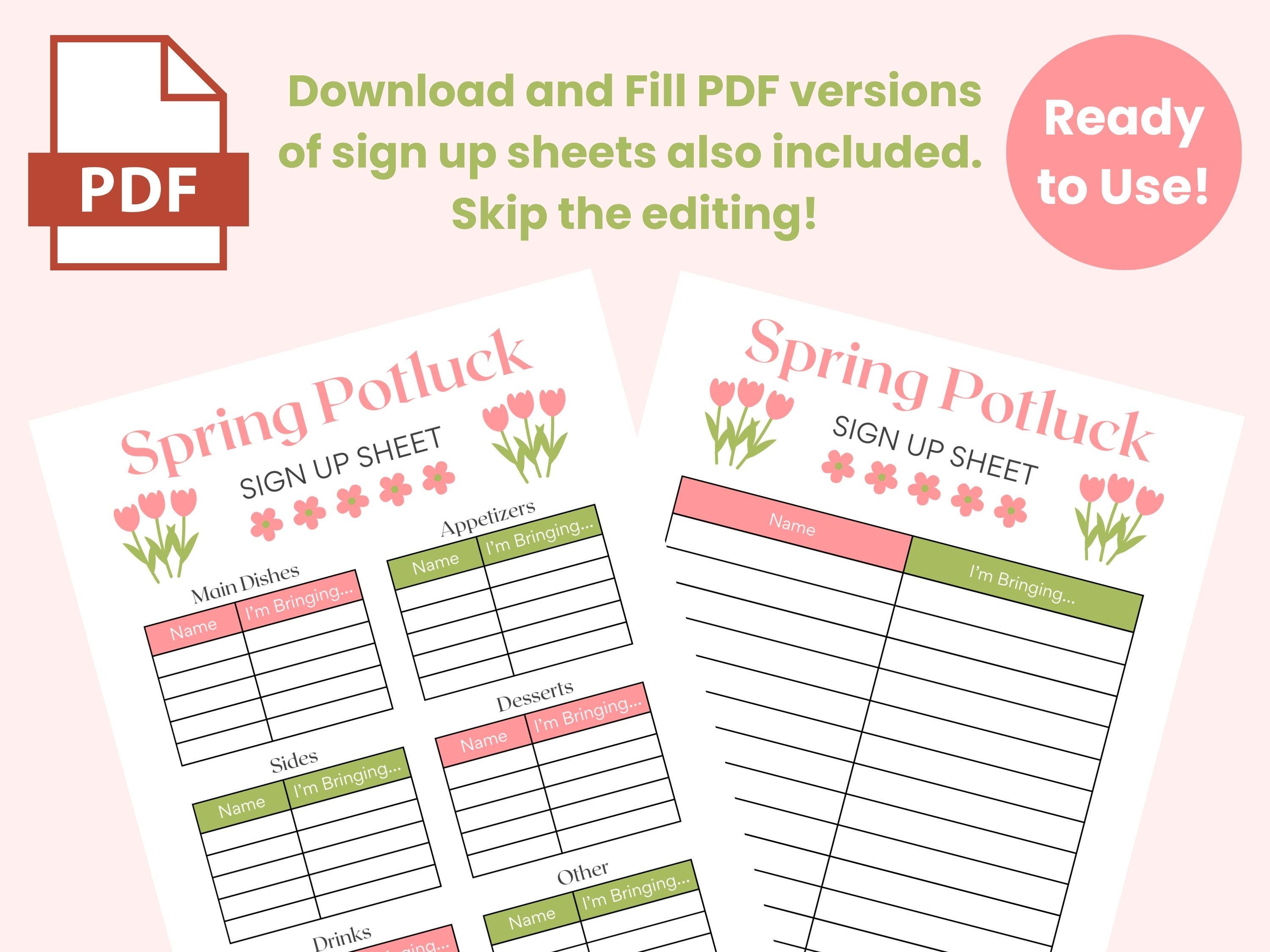 Spring Potluck Sign up Sheet Template | Editable Office Potluck Party ...