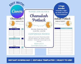 Zaplanuj świąteczną imprezę chanukową z tym gotowym do wydrukowania szablonem Canva - idealne przyjęcie chanukowe!