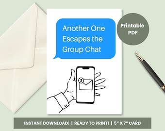 Zabawna kartka pożegnalna dla współpracownika do wydrukowania, ucieczka z czatu grupowego, wyjście z biura, pożegnanie z pracy