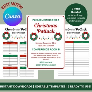 May include: A Christmas Potluck sign-up sheet template with a festive design. The template includes space for main dishes, sides, drinks, and more. The image also includes the text "Edit with Canva" and "Instant Download! | Editable Templates! | Ready to Use!"