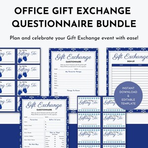 Puede incluir: Un paquete de cuestionarios e hojas de registro imprimibles para el intercambio de regalos de oficina. El diseño presenta una combinación de colores azul marino y blanco con detalles de copos de nieve. El texto incluye "Office Gift Exchange Questionnaire Bundle" y "Instant Download & Editable Template".