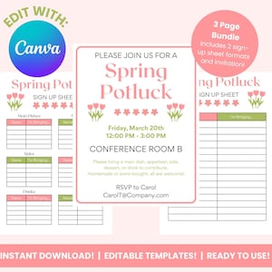 以下が含まれることがあります： 春のポットラックテンプレート3点セット。 テンプレートには、サインアップシートと招待状が含まれています。 デザインは、ピンクとグリーンのアクセント、チューリップのイラスト、そして「Spring Potluck」のテキストが特徴です。 Canvaで編集可能なテンプレートです。