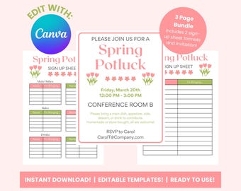 Szablon listy zapisów na wiosenną imprezę Potluck | Edytowalny zestaw do planowania imprezy biurowej Potluck