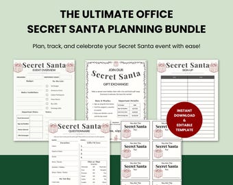 Zestaw do planowania Secret Santa | Planer wymiany prezentów do druku | Arkusz rejestracyjny, kwestionariusz, ulotka