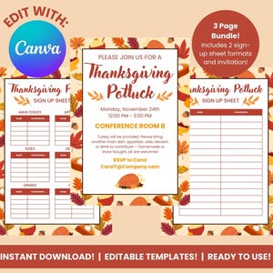 May include: Thanksgiving potluck sign-up sheet bundle with editable templates. The design features a fall theme with autumn leaves, pumpkins, and a turkey illustration. Includes sign-up sheets and an invitation.