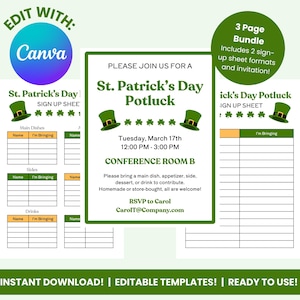 May include: A St. Patrick's Day potluck invitation and sign-up sheet bundle in green and white. The design features shamrocks, leprechaun hats, and the text "St. Patrick's Day Potluck." The bundle includes editable templates and is ready to use.
