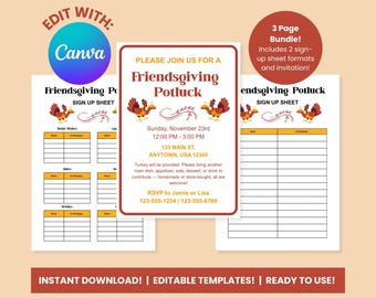 May include: A Friendsgiving Potluck sign-up sheet template with a festive design. The invitation includes details for a potluck on November 23rd, with a turkey graphic. The template is editable and ready to use.
