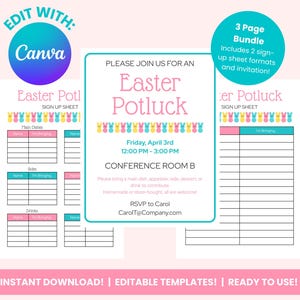 May include: A set of Easter Potluck sign-up sheets and an invitation. The templates are in pink, blue, and white, with bunny and egg graphics. The Canva logo is in the top left corner.