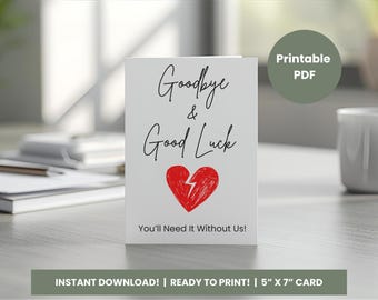 Zabawna kartka pożegnalna dla współpracownika do wydrukowania, pożegnanie i powodzenia na pożegnanie, humor dla przyjaciół z pracy, wersja cyfrowa do pobrania