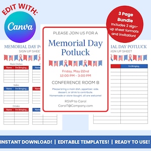 May include: A digital download bundle featuring Memorial Day potluck sign-up sheets and an invitation. The design includes red, white, and blue patriotic bunting. The text includes "Memorial Day Potluck" and "Instant Download!"
