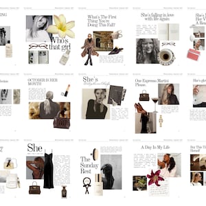 Könnte beinhalten: Ein digitales Collage-Layout mit mehreren Seiten im Lifestyle-Magazin-Stil, das verschiedene Fotografien von Frauen, Modeaccessoires, Schönheitsprodukten, Kaffee, Blumen und Textausschnitten mit Titeln wie Who's that girl und A Day In My Life zeigt.