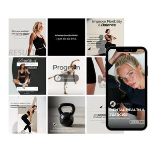 Könnte beinhalten: Eine Collage von Bildern, die Fitness und Wellness bewerben. Die Bilder zeigen Frauen in Trainingskleidung, Trainingsgeräte und Texte wie "Benefits of Pilates" und "Mental Health & Exercise."