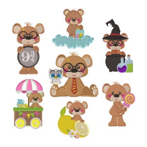 May include: A collection of embroidered teddy bear designs. Each bear is depicted in various scenarios, including holding a 9 3/4 sign, wearing a witch hat, and holding a lollipop. Other bears are shown with a lemon, a jar of stars, and an owl.