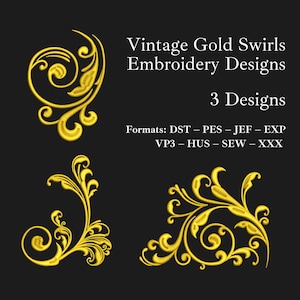Vintage Gold Swirl Embroidery Designs - Ornamental Corner Machine Embroidery / Baroque Scroll Floral Design / 3 Design Set