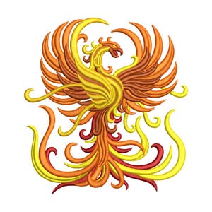 Puede incluir: Diseño de fénix bordado en tonos amarillos, naranjas y rojos. El ave mítica se representa con las alas extendidas y plumas de cola fluidas. El diseño es detallado y vibrante, ideal para ropa o decoración del hogar.