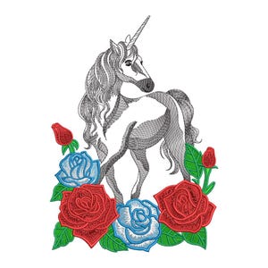 Aesthetic Unicorn and Roses Embroidery Design: Mythical Floral Pattern for Artistic Streetwear and Fantasy Decor - Digital Download 2 Sizes
