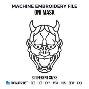 Puede incluir: Un dibujo lineal en blanco y negro de una máscara Oni. La imagen incluye el texto "MACHINE EMBROIDERY FILE ONI MASK" y "3 DIFFERENT SIZES". La imagen también enumera los formatos de archivo de bordado: DST, PES, JEF, EXP, VP3, HUS, SEW y XXX.