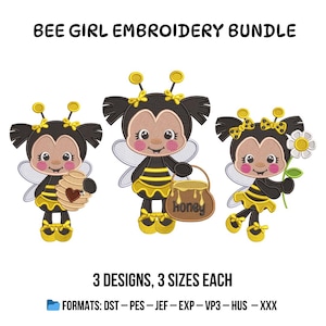 Puede incluir: Un paquete de bordado con tres diseños de chicas abeja. Las chicas abeja de dibujos animados tienen cuerpos a rayas negras y amarillas, alas y expresiones lindas. El texto "BEE GIRL EMBROIDERY BUNDLE" está en la parte superior. El paquete incluye 3 diseños y 3 tamaños.