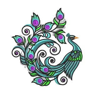 Puede incluir: Ilustración detallada de un pavo real con una paleta de colores vibrantes. El pavo real presenta detalles en turquesa, morado, verde y negro. El diseño incluye plumas estilizadas y un cuerpo curvado, sobre un fondo blanco.