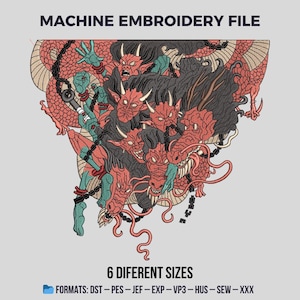 Puede incluir: Archivo de bordado a máquina con un diseño detallado de un dragón de múltiples cabezas con acentos rojos, negros y turquesas. La imagen incluye el texto "MACHINE EMBROIDERY FILE" y "6 DIFFERENT SIZES". Formatos: DST-PES-JEF-EXP-VP3-HUS-SEW-XXX.
