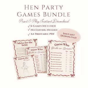 Peut inclure: Un ensemble de jeux pour un enterrement de vie de jeune fille avec le texte "Hen Party Games Bundle" et "Print & Play Instant Download". L'ensemble comprend six jeux, ne nécessite aucune modification et est un PDF A4 imprimable. Comprend des jeux "Advice for the bride" et "Guess Who".