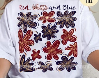 Red White and Blue Flowers PNG, 4th of July Floral Design, USA Flag Flowers, Patriotic boho Flowers PNG, Trendy Summer Shirt Design