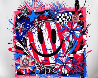 Coquette 4th of July Smiley Face PNG, Patriotic Smiley, American Flag Fireworks PNG, Red White Blue Girl PNG, Independence Day Png