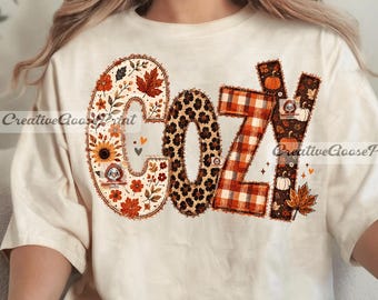 Cozy Fall Shirt PNG, Trendy Patchwork Fall Sublimation Design, Leopard Pumpkin Autumn Graphic, Pretty Cozy Season PNG, Girly Png
