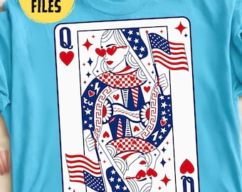 Carta Regina Patriottica PNG, Design di carte da gioco America alla moda, Ragazza civettuola USA PNG, Sublimazione retrò del 4 luglio, Rosso Bianco Blu PNG
