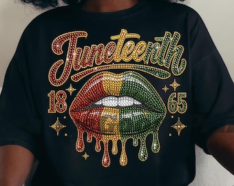 Labbra con strass Juneteenth PNG, design orgoglio afroamericano scintillante, grafica labbra gocciolanti 1865, sublimazione melanina scintillante PNG