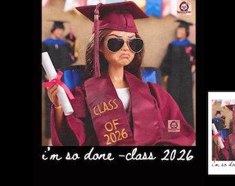 Bambola divertente per la laurea PNG, Sono così stanco PNG, Laureato della classe del 2026 PNG, Ragazza alla moda per la laurea PNG, Design per sublimazione per laureati senior